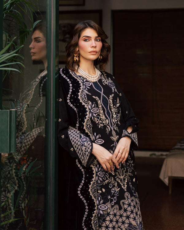 Embroidered leather peach with embroidered velvet shawl