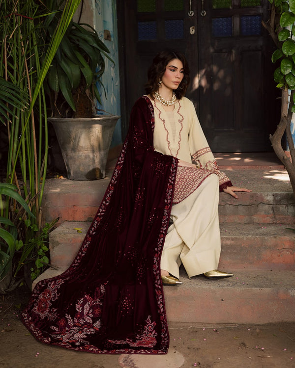 Embroidered leather peach with embroidered velvet shawl